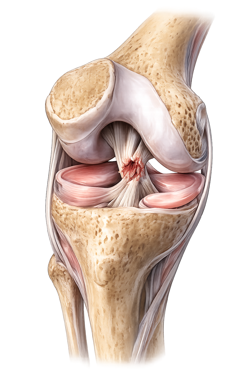 Anatomical illustration of a knee joint shown from the front. The thigh bone (femur) sits above and the shin bone (tibia) below, separated by the joint space. In the center of the joint, the torn ACL is visible as a frayed reddish stump of tissue. The two C-shaped menisci sit on either side of the joint, on top of the shin bone.
